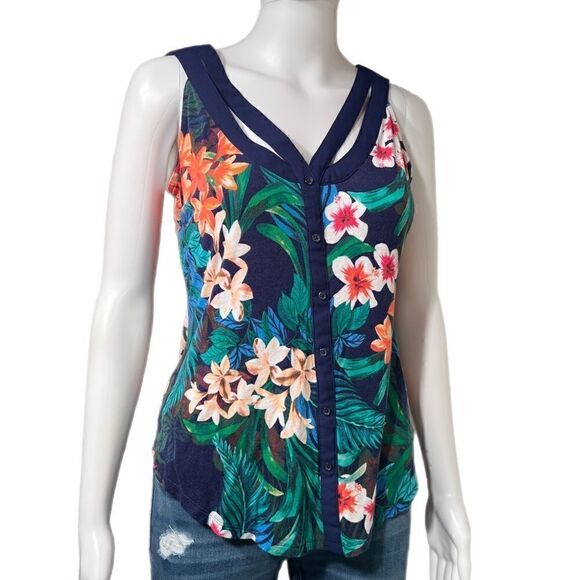 Tropical Navy Strappy Button Front Knit Tank - Picture 2 of 9